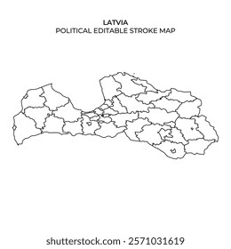 A detailed outline of Latvia showcasing its political divisions. The map features distinct borders for each region, illustrating the countrys administrative structure clearly.