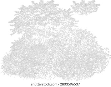 Detailed outline of lush greenery with multiple shrubs and a tall tree keywords: greenery