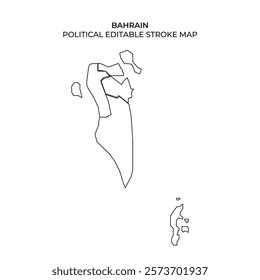 A detailed outline map of Bahrain, showcasing its political boundaries and geographical features. The map focuses on the main island and includes smaller islands as well.