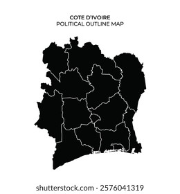 Detailed outline map of Cote dIvoire highlighting political regions and boundaries. This representation provides a clear view of the countrys administrative divisions for better understanding.