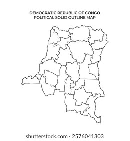 Detailed outline map of the Democratic Republic of Congo showing political boundaries. Suitable for educational purposes including geography and political studies.