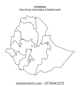 A detailed outline map depicting the political regions of Ethiopia. The map is available for editing and highlights the various territories within the country, emphasizing geographic boundaries.