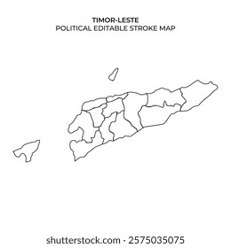 A detailed outline map displays the political divisions of Timor Leste, including its regions and key geographical features, suitable for educational and informational purposes.