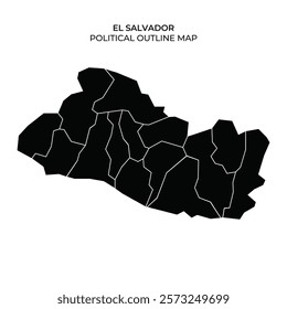 Detailed outline map highlighting the political divisions of El Salvador, displaying various borders and regions. The stark black and white contrast emphasizes each area clearly.