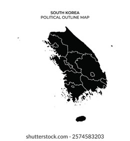 A detailed outline map illustrates the political divisions of South Korea, showcasing individual regions and their boundaries. This representation highlights the geographic layout clearly.