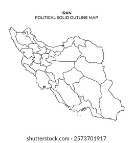 A detailed outline map of Iran showing the countrys provinces. This map features clear borders and is designed for educational or geographical purposes, emphasizing political divisions.