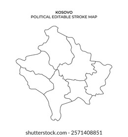 Detailed outline map of Kosovo showing distinct political regions and boundaries. This editable stroke map is useful for educational and mapping activities in geography.