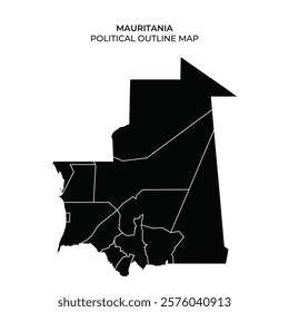 A detailed outline map of Mauritania highlights its political divisions. The map is colorless, focusing on the geographic shapes of regions and boundaries clearly, ideal for educational use.