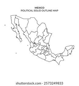 A detailed outline map of Mexico displays its political divisions, illustrating states and regions without any colors or labels. Ideal for educational use or geographical studies.