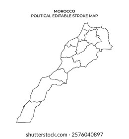 A detailed outline map of Morocco highlighting its political divisions. This map can be edited for various purposes, showcasing regions in a clear, simplified format.