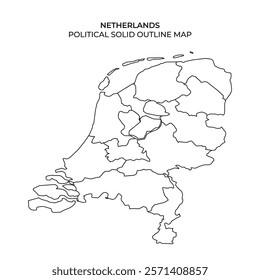 Detailed outline map of Netherlands highlighting various political regions and borders. No color or labels included, ideal for educational or design purposes.