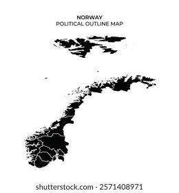 Detailed outline map of Norway illustrating its political divisions and geographical features. The design is in black, highlighting main regions and territories across the country.