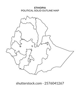 A detailed outline map representing the political boundaries of Ethiopia, featuring regions and areas outlined for geographic clarity. It provides a clear view of the countrys layout.