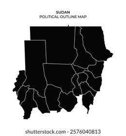 A detailed outline map showcases the political divisions of Sudan, highlighting its various regions and borders. The map is presented in a stark black silhouette format.