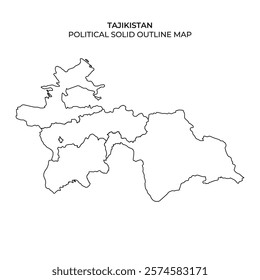 A detailed outline map of Tajikistan highlights the political borders and geographical features of the country. The map serves as a reference for education or geographical studies.