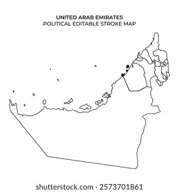 Detailed outline map of the United Arab Emirates, highlighting the political boundaries and significant locations. The regions within the outline are empty, emphasizing the structure.