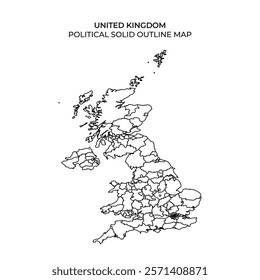 A detailed outline map of the United Kingdom, illustrating its political boundaries and regions. It includes England, Scotland, Wales, and Northern Ireland, providing a clear view of the divisions.