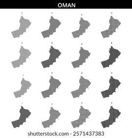 A detailed outline of Oman illustrated with a dotted texture, emphasizing its geographical features and shape.