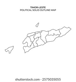 A detailed outline representation of Timor Leste, showcasing its political divisions clearly. The map includes labeled regions for comprehensive understanding and reference.