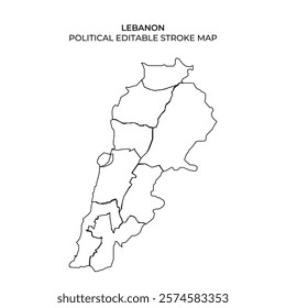 A detailed outline representing the political boundaries of Lebanon. This map highlights various regions without any colors or labels, suitable for editing and customization.