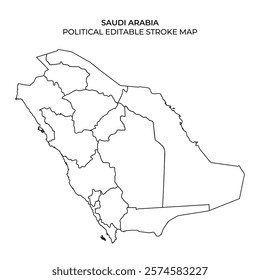 Detailed outline of Saudi Arabias political map showcasing various regions and divisions. The design highlights geographical features and boundaries of the country.