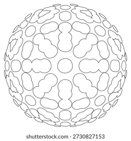 A detailed outline of a sphere with a repeating geometric pattern of interconnected shapes.