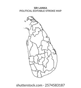 Detailed outline of Sri Lankas political divisions displayed on a plain background. This map can be edited for various geographical and educational purposes.