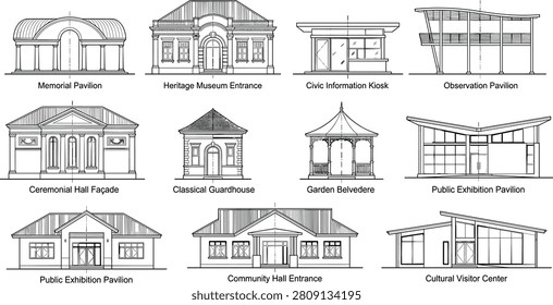 A detailed outline vector collection featuring pavilions, civic buildings, museum entrances, visitor centers, guardhouses, and community hall facades in classical and modern architectural styles. Ideal for architectural drawings, CAD documentation, construction presentations, urban planning, and design resources.