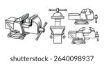 Detailed Outline Vector Illustration of Bench Vises for Woodworking and Metalworking