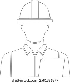 A detailed outline vector illustration of supervisors, engineers, managers, and foremen holding a tablet or iPad at a construction site.Perfect for themes related to construction, and engineering.