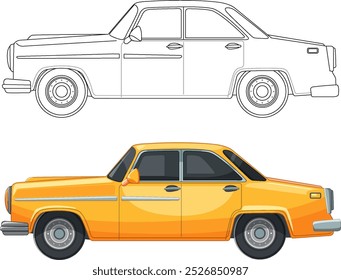 Detailed and outline views of a vintage car