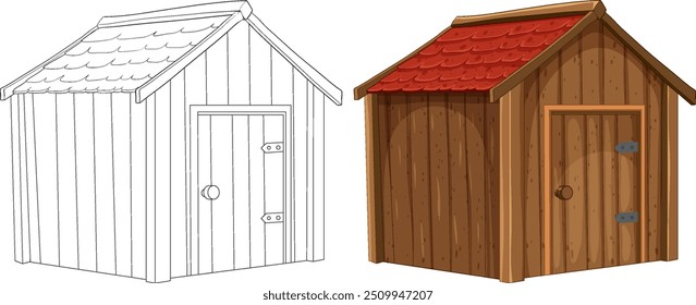 Detailed and outline views of a wooden house