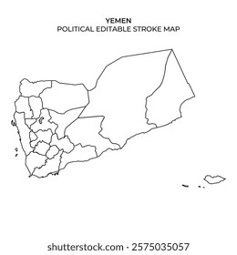 Detailed outline of Yemens political map highlighting regions and borders. The design allows for editing and customization, making it useful for educational and informational purposes.