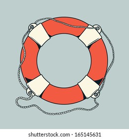 Detailed outlines, colored nautical life buoy isolated on grey background. Ship element. Vector illustration.