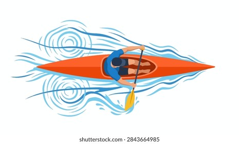A detailed overhead vector graphic featuring a male athlete sitting in an orange-red kayak, using a single-sided paddle with a yellow blade. The illustration shows blue stylized water ripples and wake patterns behind and around the vessel, emphasizing movement. The character is wearing a blue shirt and dark shorts, presented in a clean, flat design style suitable for summer sports and recreation themes.