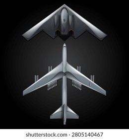 Detailed overhead vector illustration of two gray military bombers against a dark gradient background.