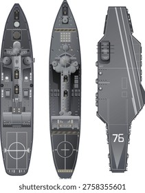 Detailed overhead vector illustrations of a destroyer, cruiser, and aircraft carrier on white background