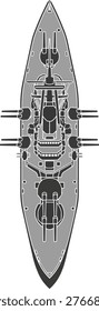 Detailed overhead view of a battleship featuring prominent gun turrets and ship design elements.