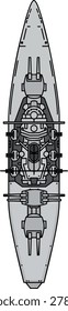Detailed overhead view of a battleship, showcasing its turrets, superstructure, and overall design, emphasizing naval architecture and historical significance.