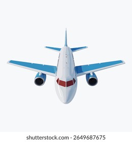 Detailed Overhead View of a Passenger Aircraft Artwork, Stylish Airplane Illustration with Blue Wings and Engines
