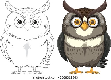 Detailed owl with both outline and colored versions