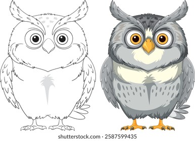 Detailed owl with both outline and colored versions