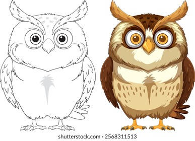 Detailed owl in color and outline versions