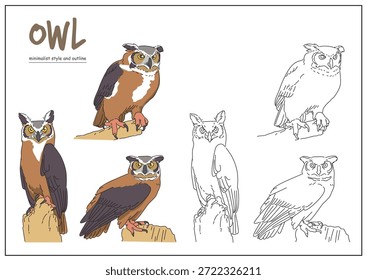 Ilustrações de coruja detalhadas apresentadas em várias poses mostrando características expressivas em um estilo artístico minimalista. Conceito de natureza