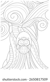 Detailed owl line art for coloring, featuring abstract swirls and nature-inspired designs, ideal for mindful artistic expression.