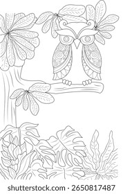 Coruja Detalhada Empoleirada no galho com exuberante foliage line art para livros de colorir adultos, meditação zen e relaxamento - uma noite serena coruja design para a expressão criativa