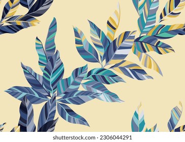 Detailed palm leaves seamless wallpaper design. Trendy floral summer bandana tissue print. Paradise bush branch leafage endless pattern. Stripes texture plant leaves.