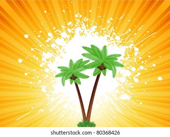 Detaillierte Illustrationen von Palmen auf grauem Sonnenbursthintergrund
