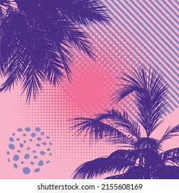 Detailed palm tree tops silhouettes and colorful geometric shapes background.