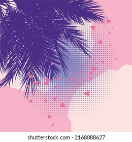 Detailed palm tree tops silhouettes and colorful geometric shapes background.